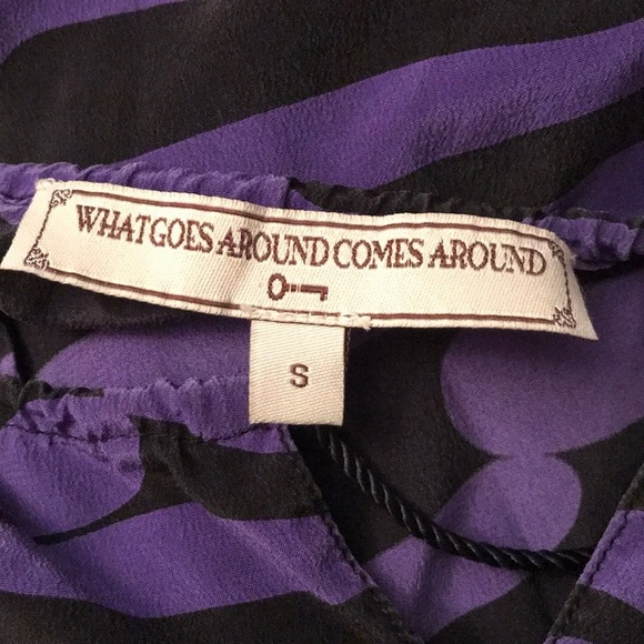 ANTHRO WHAT GOES AROUND COMES AROUND S Zebra Print Silk Blouse Black On Purple - Picture 8 of 9